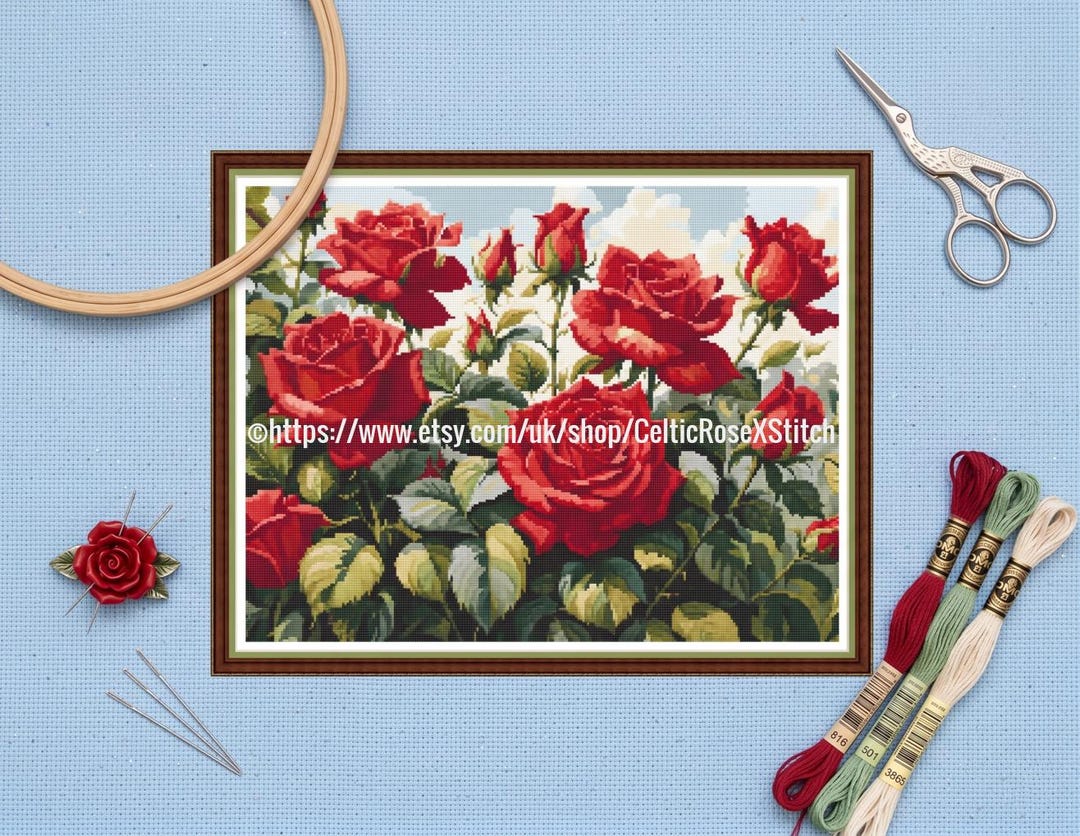 Velvet Red Roses - PDF Digital Printable Cross Stitch Embroidery ...