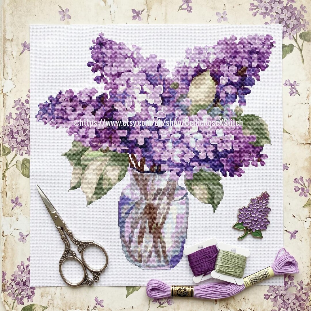 Lilacs in Vase Cross Stitch Pattern - Purple Spring Floral Embroidery ...