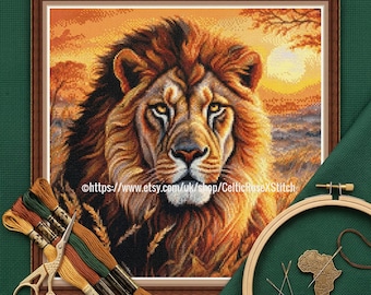 Lion Sunset - PDF digital cross stitch embroidery chart pattern, Big Cat African Savannah Landscape