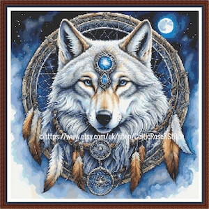 Dreamcatcher Wolf - PDF printable cross stitch pattern - Indigenous Native Indian Wildlife Wolves