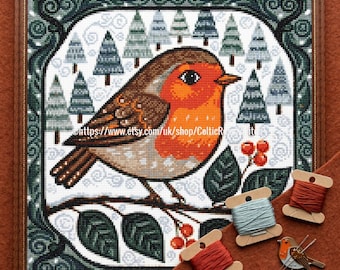 Scandinavian Robin Cross Stitch Pattern – Winter Bird, Berries (PDF Chart)