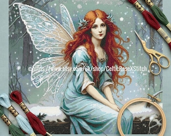Kruissteekpatroon midwinterfee – Victoriaanse fantasiekunst (pdf-patroon) DMC Key Christmas Snow Woodland