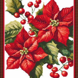 Poinsettia And Holly - PDF digital cross stitch pattern DMC Key 38 colours 11&quot;x14 3/4&quot; Pattern Keeper or print Whole cross Christmas Flowers