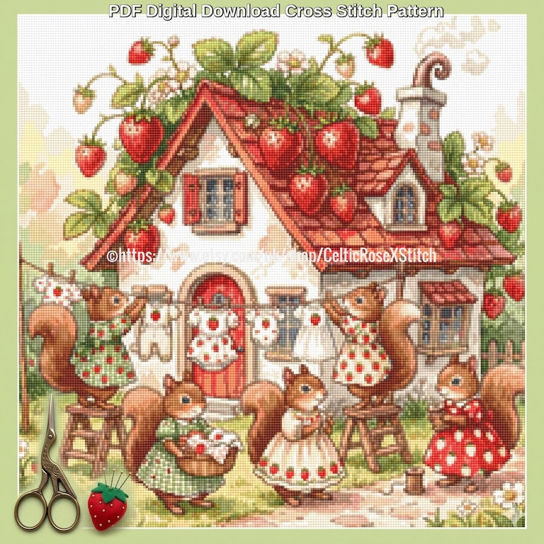 Strawberry Patch Squirrels PDF Download Cross Stitch Pattern Chart Cosy ...