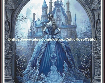 Gothic Fairytale PDF digitales Kreuzstich Stickmuster-Schloss - DMC Key-49 Farben - 54 cm x 54 cm