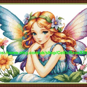 Flower Fairy - PDF digital cross stitch pattern DMC Key 67 colours 17 3/4&quot;x12 3/4&quot; on 14ct Pattern Keeper or print at home Whole cross