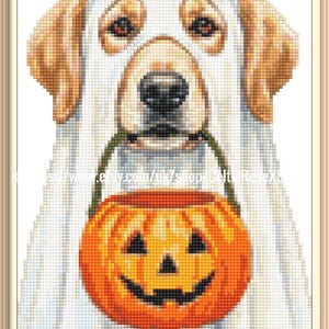 Golden Retriever Halloween Ghost PDF Download cross stitch pattern Pumpkin Trick Or Treat Puppy Dog 17x24cms DMC Floss Aida Evenweave Fabric