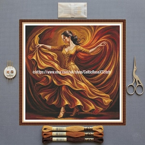 Amber Flame Dancer - PDF digital printable cross stitch embroidery pattern - Flamenco Spain Dancing Portrait