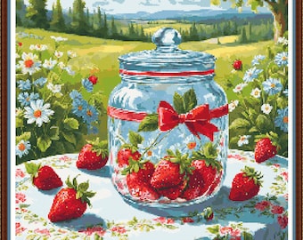 Summer Strawberries - PDF digital cross stitch pattern DMC Key 70 colours 18"x18" on 14ct Pattern Keeper/print Fruit Jam Flowers