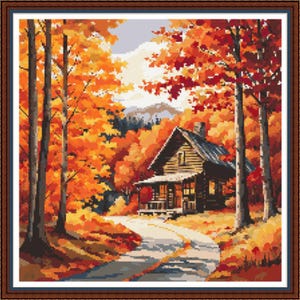 Cabin In Autumn - pdf Digitaal kruissteekpatroon DMC-sleutel 40 kleuren 14" x 14" op 14 kt patroonhouder of print Hele kruis Seizoenen Herfst