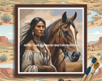 Spirit Rider Cross Stitch Pattern – Indigenous Woman and Horse (PDF Printable Download) DMC floss key