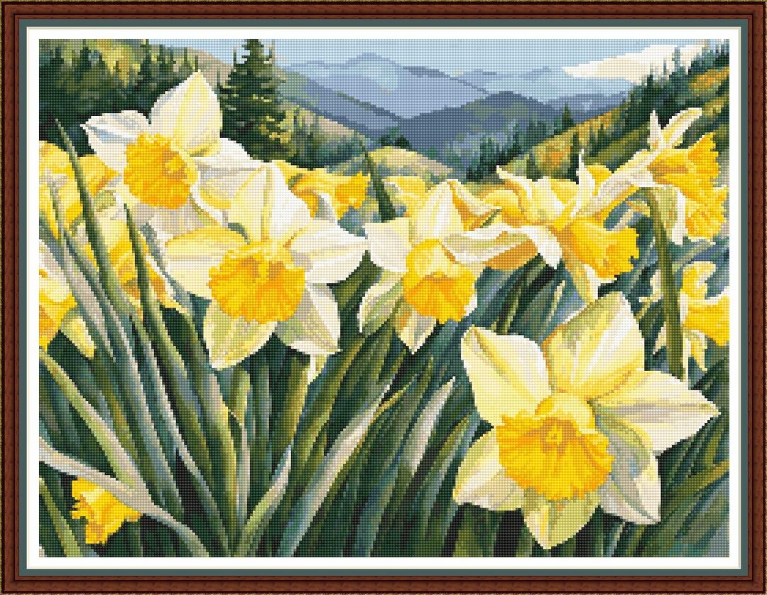 Daffodil Mountain - PDF Digital Cross Stitch Pattern DMC Key 55 Colours ...