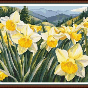 Daffodil Mountain - PDF digital cross stitch pattern DMC Key 55 colours 18&quot;x13 1/2&quot; on 14ct Pattern Keeper/print  Whole cross Flower