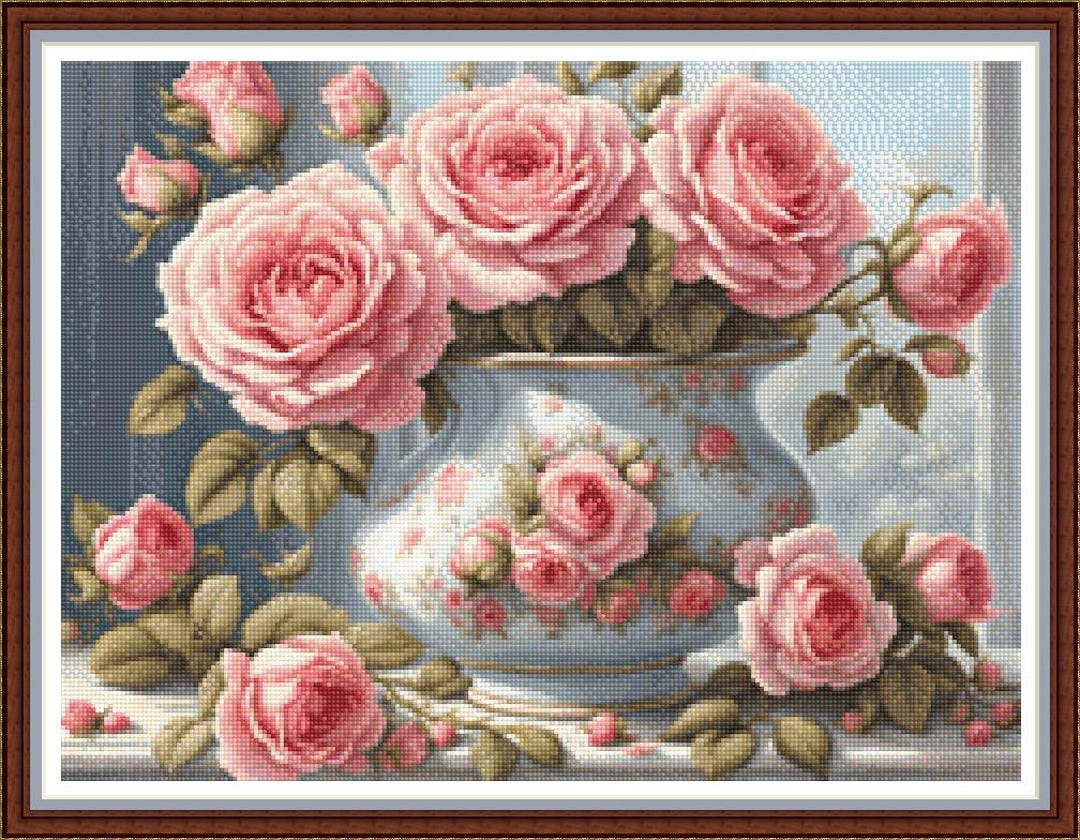 Vintage Pink Roses - PDF Digital Cross Stitch Pattern DMC Key 66 ...