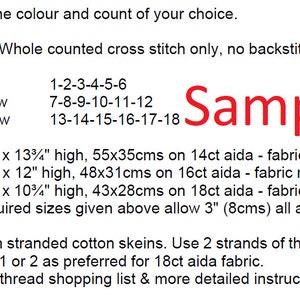 May include: A cross-stitch pattern guide with fabric, stitch, and thread specifications. Includes size details in inches and centimetres, with fabric requirements for different aida counts. The word "Sample" is written in red.