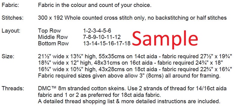May include: A cross-stitch pattern guide with fabric, stitch, and thread specifications. Includes size details in inches and centimetres, with fabric requirements for different aida counts. The word "Sample" is written in red.