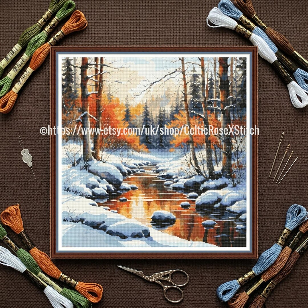 Snow in Autumn - Winter Forest River Cross Stitch Pattern (PDF Download ...