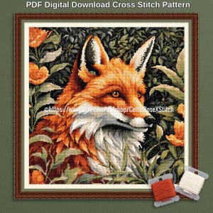 William Morris Style Fox PDF Download Printable Cross Stitch Embroidery Pattern Art Nouveau Floral Embroidery 14 inch 36cms 48 DMC colours