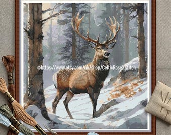 Stag In A Winter Forest - PDF download cross stitch embroidery pattern - Deer Snow Wildlife DMC Key Pattern Keeper compatible