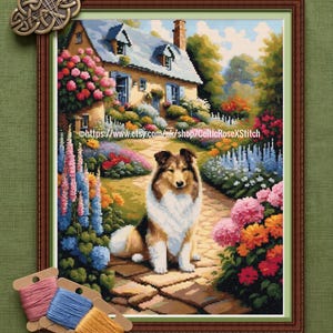 Collie Dog Cottage Garden - Cross Stitch Embroidery Pattern (PDF Digital Download) Floral Flowers - DMC Key