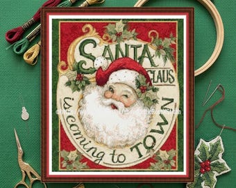 Santa Claus is Coming to Town - PDF printable cross stitch Father Christmas embroidery pattern