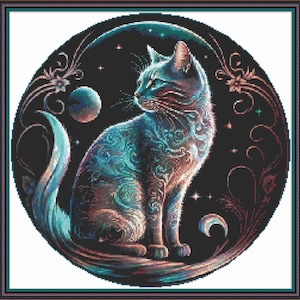 Mystic Cat - PDF Digital cross stitch pattern  DMC Key 64 colours 17&quot;x16 1/2&quot; on 14ct aida Pattern Keeper compatible or print at home