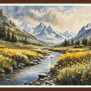 Mountain Meadow 4 - PDF digitales Kreuzstichmuster DMC Key 63 Farben 19 "x 14 1/2" auf 14ct Pattern keeper/print Whole cross Querformat