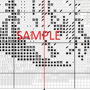 May include: Cross-stitch pattern chart with a grid of squares, circles, and symbols in black and white. The word "SAMPLE" is written in red across the centre. The chart is for a needlecraft project.