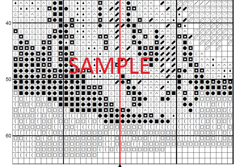 May include: Cross-stitch pattern chart with a grid of squares, circles, and symbols in black and white. The word "SAMPLE" is written in red across the centre. The chart is for a needlecraft project.