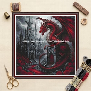 Gothic Red Dragon Cross Stitch Pattern – Dark Fantasy Castle Decor (PDF Download)