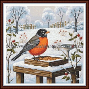 American Robin - PDF digital cross stitch pattern DMC Key 52 colours 14&quot;x14&quot; 36cms on 14ct Print At Home Christmas Bird Whole cross stitch
