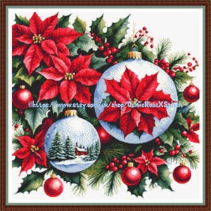 Christmas Baubles - PDF digital cross stitch pattern DMC Key 59 colours 16&quot;x16&quot; 41cms on 14ct Xmas Tree Decorations Poinsettias Flowers