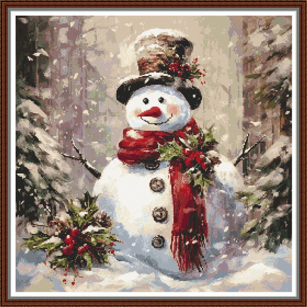 Woodland Snowman - PDF digital cross stitch pattern DMC Key - 62 colours - 18" x 18" on 14ct aida - Pattern Keeper Christmas chart