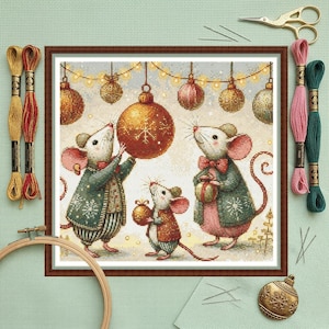 Christmas Mice Cross Stitch Pattern, Tree Bauble Ornaments, Festive Embroidery Design (PDF Download)