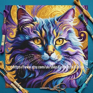 Nouveau Fantasy Cat Purple PDF digital cross stitch pattern 56 DMC floss colors 16" 41cms Aida Evenweave Whole stitch only chart Kitten Gift