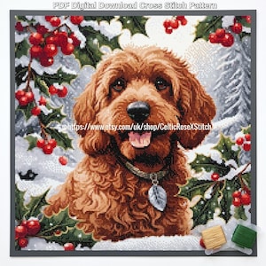 Pode incluir: Um padrão de ponto cruz em download digital PDF apresentando um cão castanho de pelo encaracolado com um pingente em forma de folha na coleira, rodeado por ramos de azevinho com neve e bagas vermelhas. A imagem inclui o texto https://www.etsy.com/uk/shop/CelticRoseXStitch.