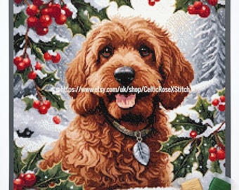Christmas Cockapoo PDF Download Dog Cross Stitch Pattern Winter Christmas Holiday Spaniel Poodle Pet Puppy 36cms 49 DMC colours