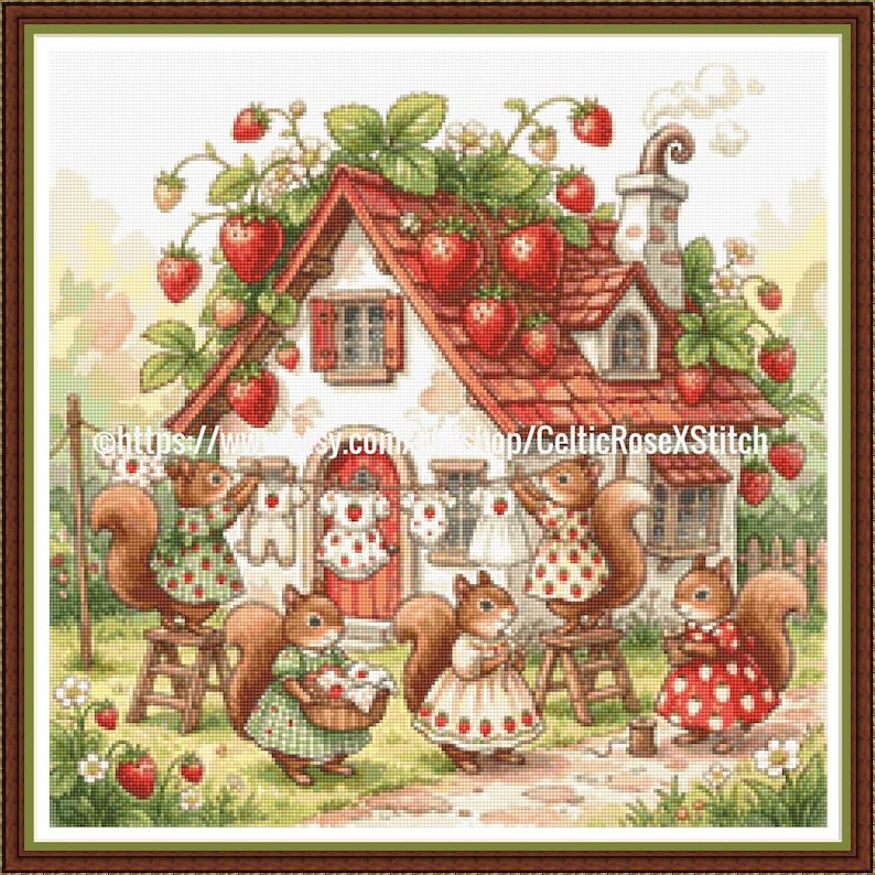 Strawberry Patch Squirrels PDF Download Cross Stitch Pattern Chart Cosy ...