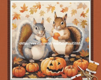Autumn Squirrels PDF Download Printable Cross Stitch Embroidery Pattern Halloween Thanksgiving Animal Feeding Pumpkin Acorn DMC floss key