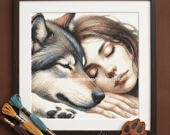 Spirit Wolf PDF digital printable cross stitch embroidery pattern - Girl Friendship Wolves Cuddle Wildlife Gift
