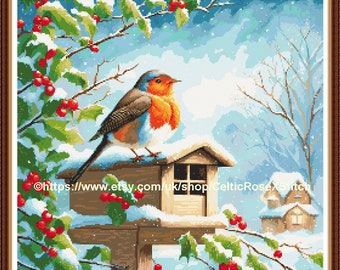 Robin Nesting Box - PDF digital cross stitch pattern DMC Key 59 colours 18"x18" on 14ct aida Pattern Keeper or print Christmas Whole Cross