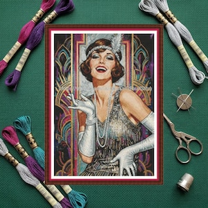 Art Deco Glamour Flapper Dancer Cross Stitch Pattern – Woman Portrait (PDF Download)