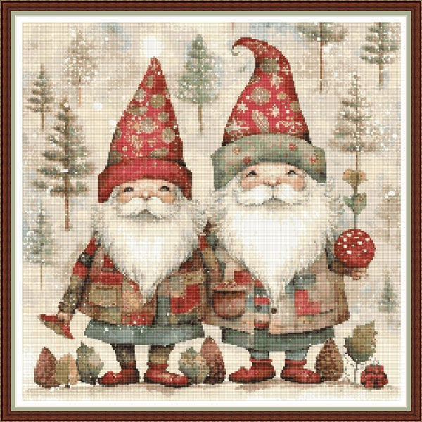 Scandi Santa Gnomes - PDF digital cross stitch pattern DMC Key 65 colours 17 1/2" x 17 1/2" on 14ct aida Pattern Keeper or print at home