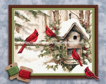 Cardinals In Snow Cross Stitch Pattern – Canadian Winter Red Bird Embroidery Chart (PDF Download)
