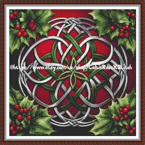 Celtic Christmas Holly Knot - PDF digital cross stitch pattern DMC Key 46 colours 14&quot;x14&quot; 36cms on 14ct Pattern Keeper/Print