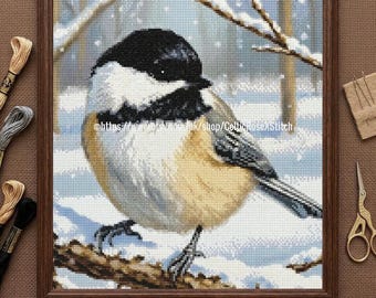 Black Capped Chickadee Cross Stitch Pattern – Winter Bird Nature Embroidery (PDF Download)