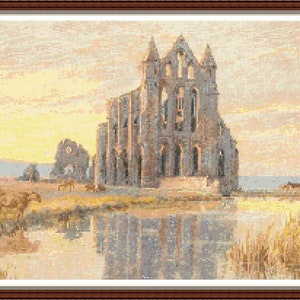 Sunset Over Whitby Abbey - PDF digital cross stitch pattern DMC Key 75 colours Whole cross only Dracula England 21 1/2&quot;x12 3/4&quot;