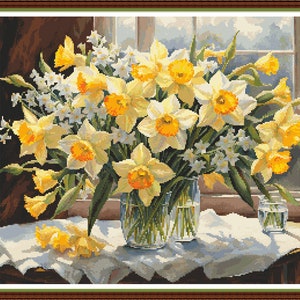 Daffodils In The Window - PDF digital cross stitch pattern DMC symbols 86 colours 22&quot;x16 1/2&quot; on 14ct Pattern Keeper Spring Flowers Cottage