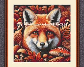Fox In The Forest PDF Download printable cross stitch pattern Autumn Wildlife Animal Portrait Toadstools Fungi 41 cms 59 DMC floss colours