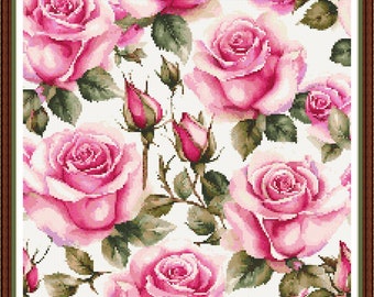 Vintage Roses - PDF digital pattern whole counted cross stitch DMC Key 54 colours 14 1/2"x14 1/2" on 14ct Pattern Keeper or print at home